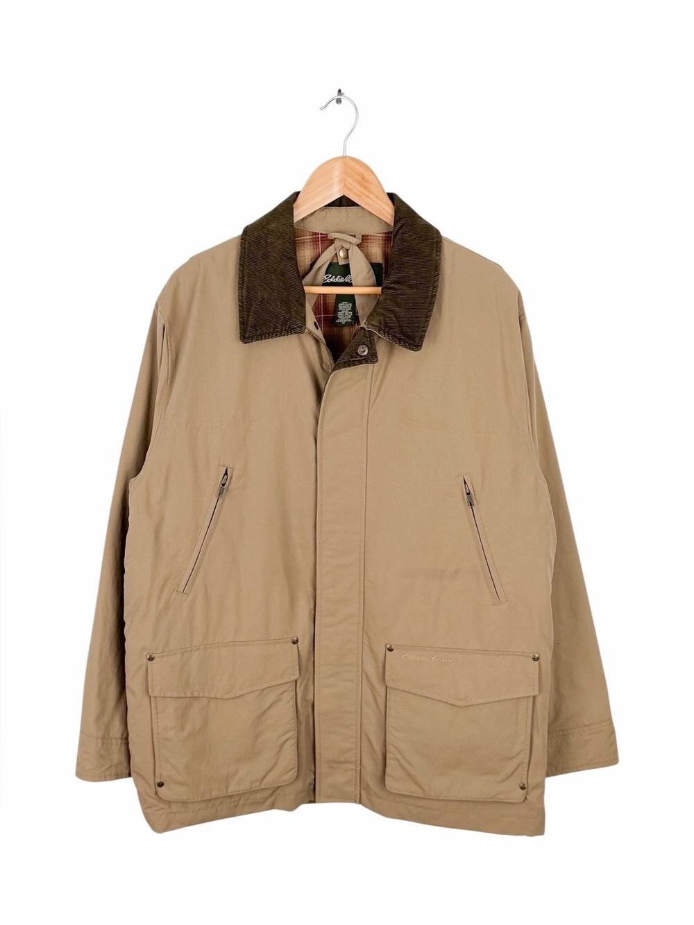 Eddie Bauer Mens M Field Jacket Tan Corduroy Collar Utility Plaid Lined Coat